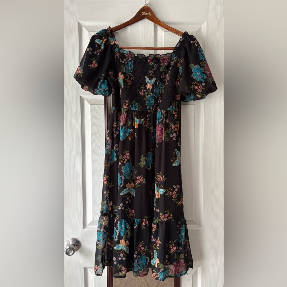 LC Lauren Conrad Black Floral Smocked Dress